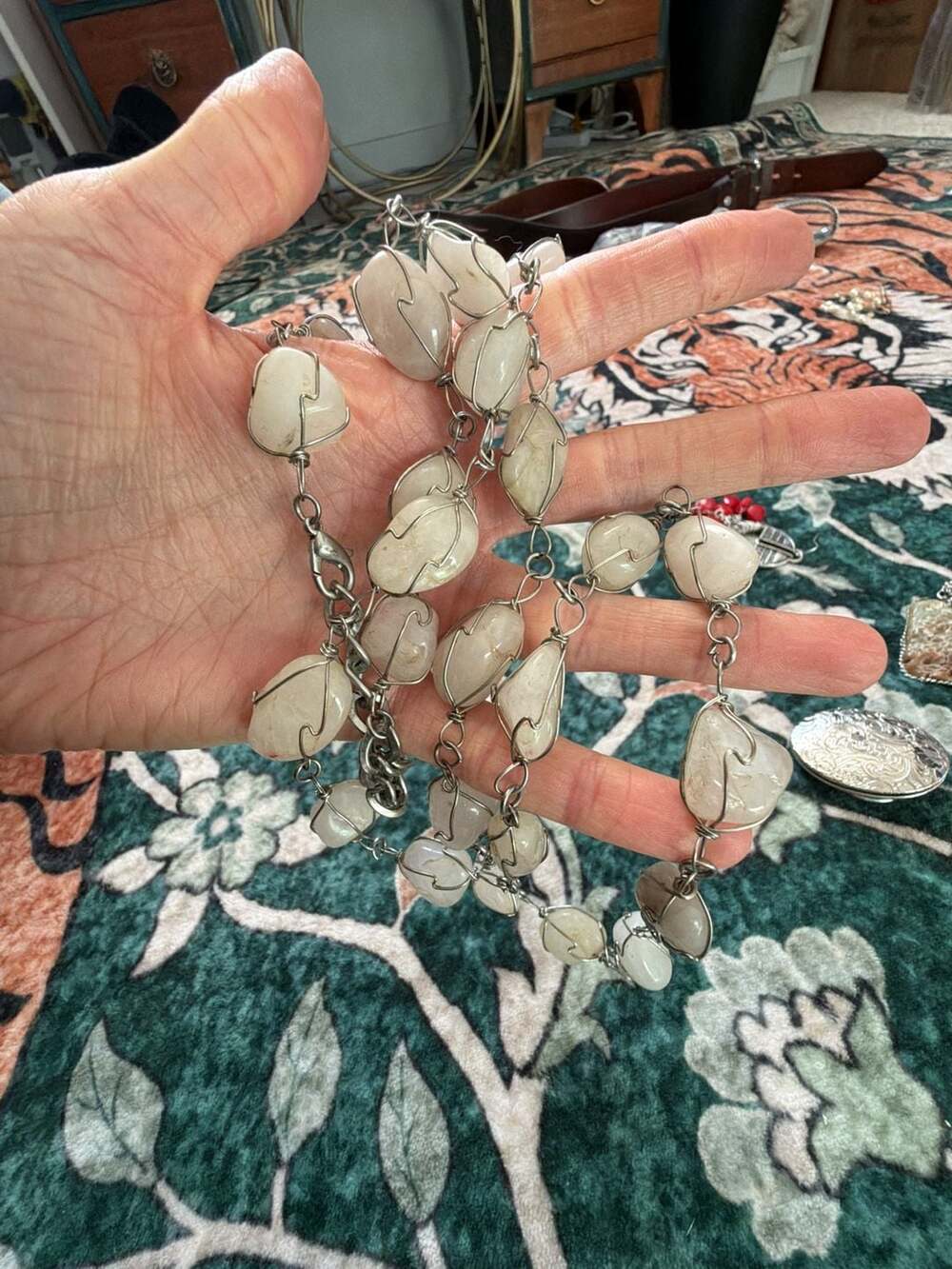 Vintage Silver Caged Quartz Stone Link Chunky Stone Necklace Chain or Belt